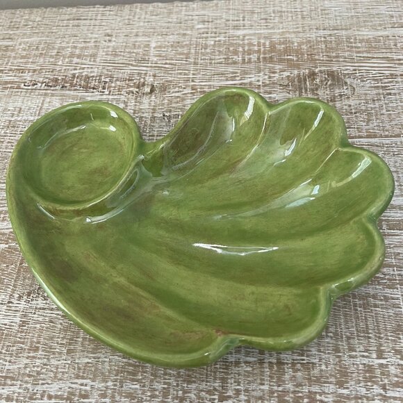 Trinket Dish, Vintage Ceramic Green Shell , with Small Cup, EUC - Picture 3 of 7